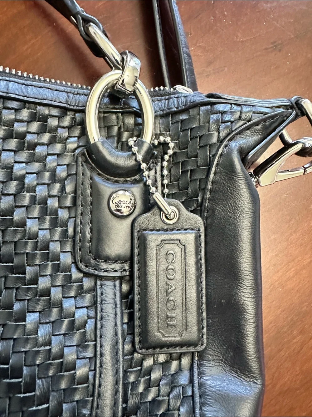 Coach Black Woven Leather Shoulder Bag with Silver Hardware Kristen‎
